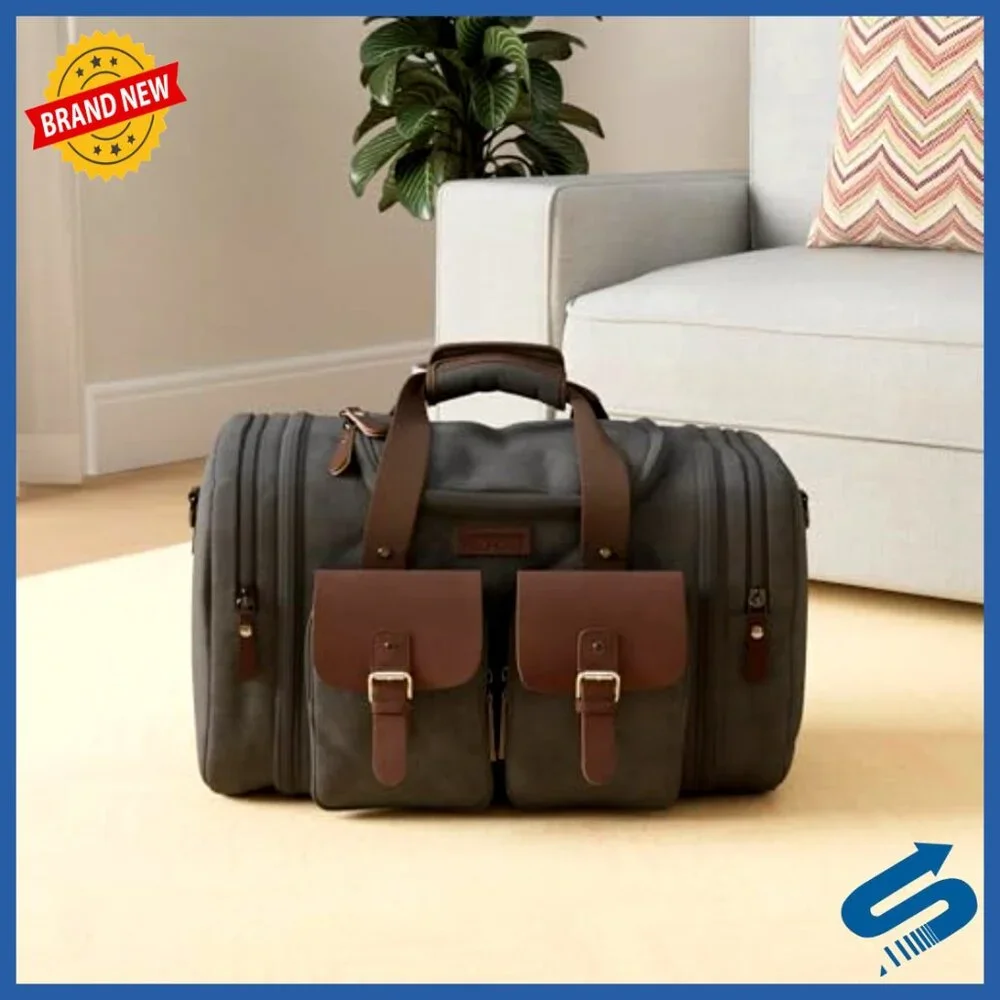 Retro Canvas Leather Duffle Bag Expandable Weekender Carry On Travel Duffel